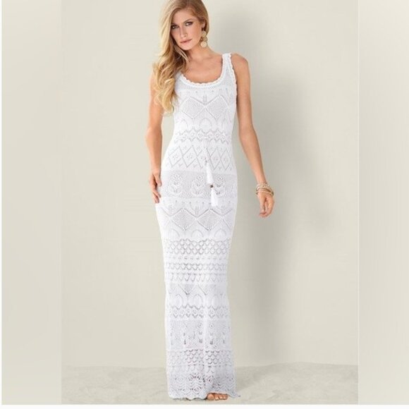 Venus Crochet Elegant Beaded White Lace Maxi Dress - Picture 1 of 4